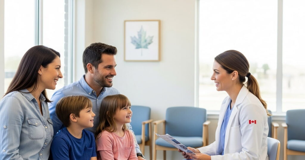 A family sitting in a dental clinic, talking with a dentist about affordable dental care for everyone.