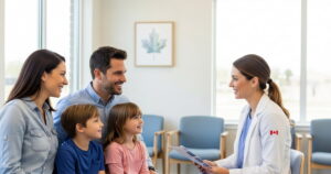 A family sitting in a dental clinic, talking with a dentist about affordable dental care for everyone.