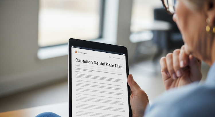 A close-up of a document labeled “Canadian Dental Care Plan” or a digital tablet showing a government website form, with an older adult reviewing it.