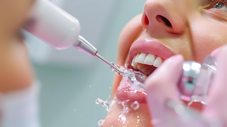 Dentist using dental cleaning tools on patient's teeth during cleaning.