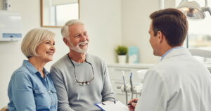 a smiling senior couple talking to a friendly dentist about government dental coverage for seniors