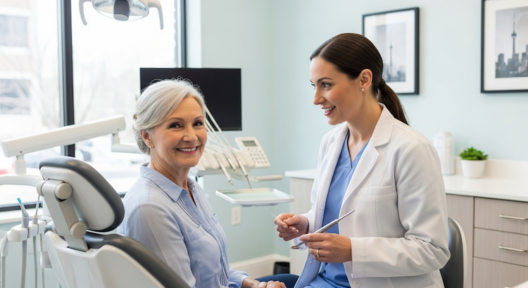A senior woman smiling confidently during a dental checkup, with a caring dentist speaking to her.