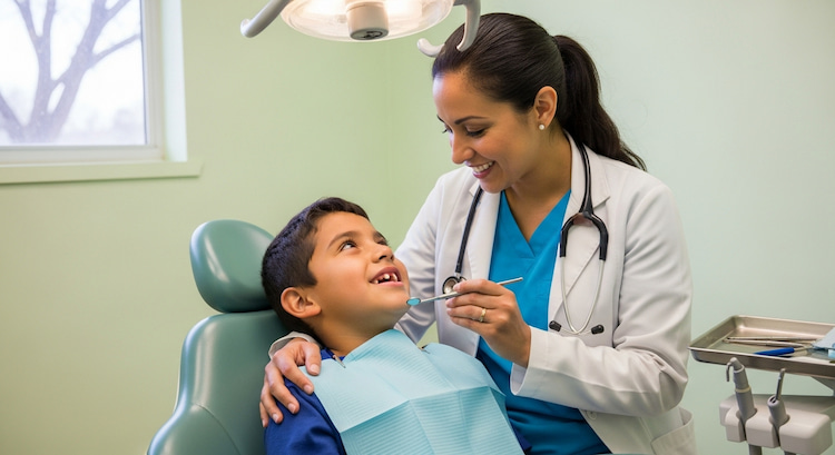A friendly dentist treating a young patient in a modest community clinic setting, showing empathy and care.