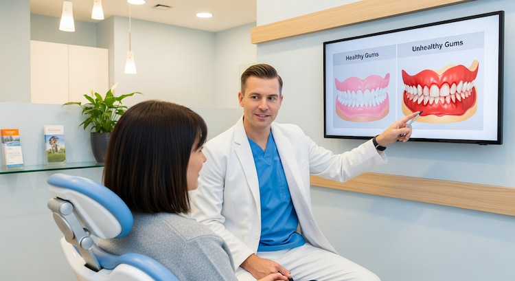 a dentist explaining gum health to a patient using a digital screen showing healthy vs unhealthy gums.