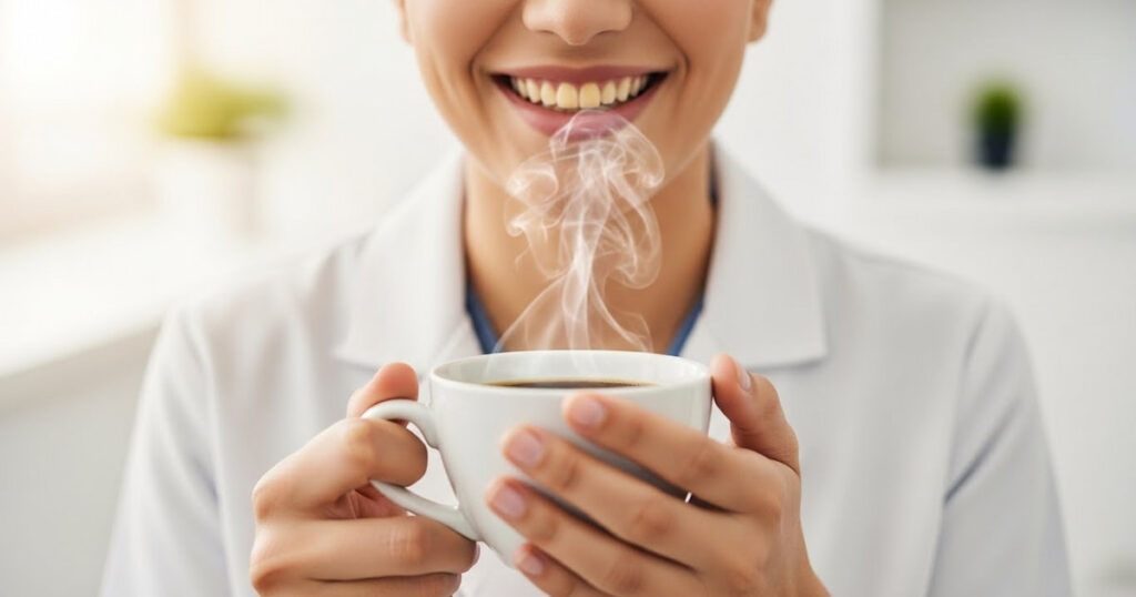 “A bright, clean close-up of a smiling person with light yellow teeth holding a warm cup of coffee. Soft, warm lighting with a clean, minimal background to create a professional, welcoming dental-clinic feel.”