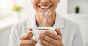 “A bright, clean close-up of a smiling person with light yellow teeth holding a warm cup of coffee. Soft, warm lighting with a clean, minimal background to create a professional, welcoming dental-clinic feel.”