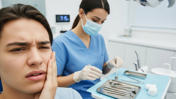 a patient holding their cheek in pain while a dentist prepares emergency tools in a dental clinic. 
