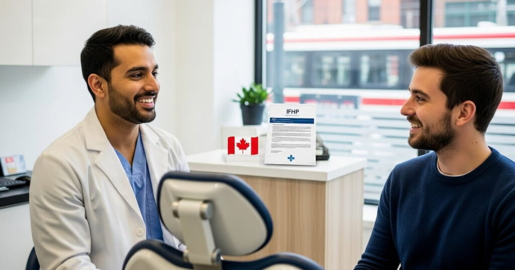 a friendly dentist smiling and talking to a newcomer patient about IFHP dental care.