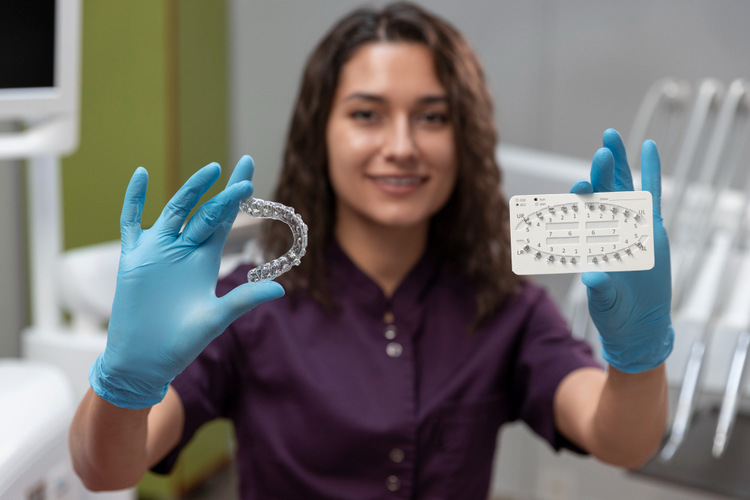 Female dentist in a dental clinic holding an Invisalign clear aligner and its accessories in front of the camera