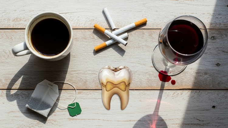 common causes that teeth turn yellow: a cup of coffee, tea bag, red wine glass, and cigarettes next to a tooth image showing surface stains.