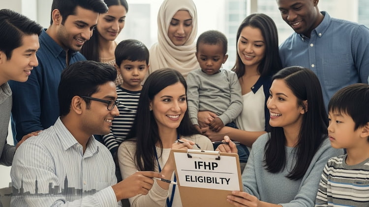 A diverse group of newcomer families standing with a settlement support worker holding a clipboard labeled “IFHP Eligibility.” 
