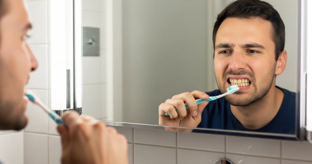 a person looking at his yellow teeth in the bathroom mirror, looking upset, while holding a toothbrush.