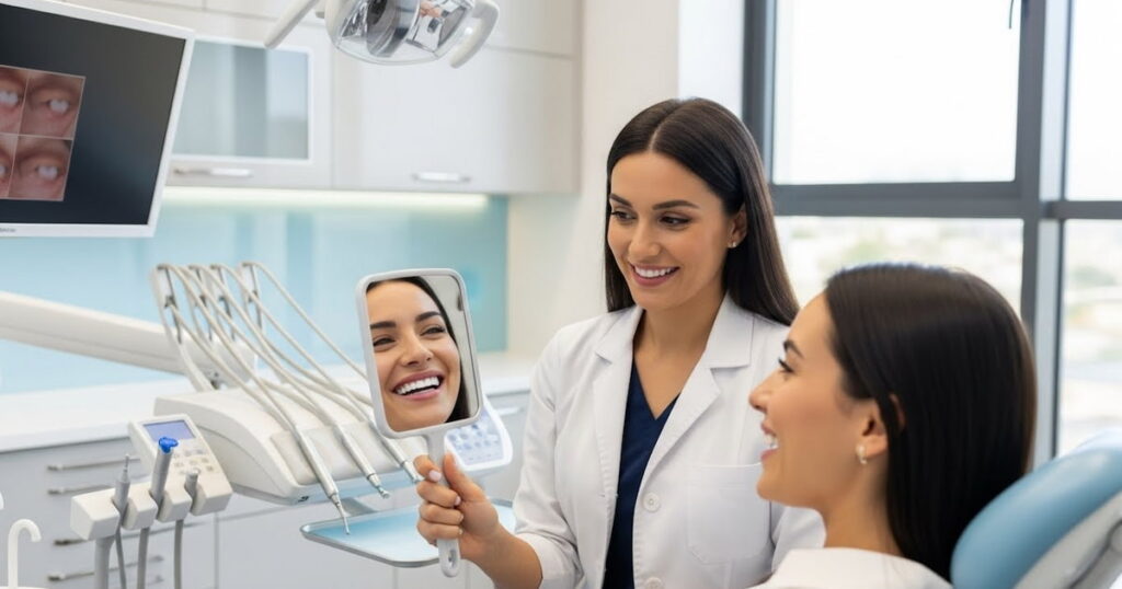 a dentist showing a patient a visibly whiter smile in a mirror after a teeth cleaning with whitening combo deals 2026.