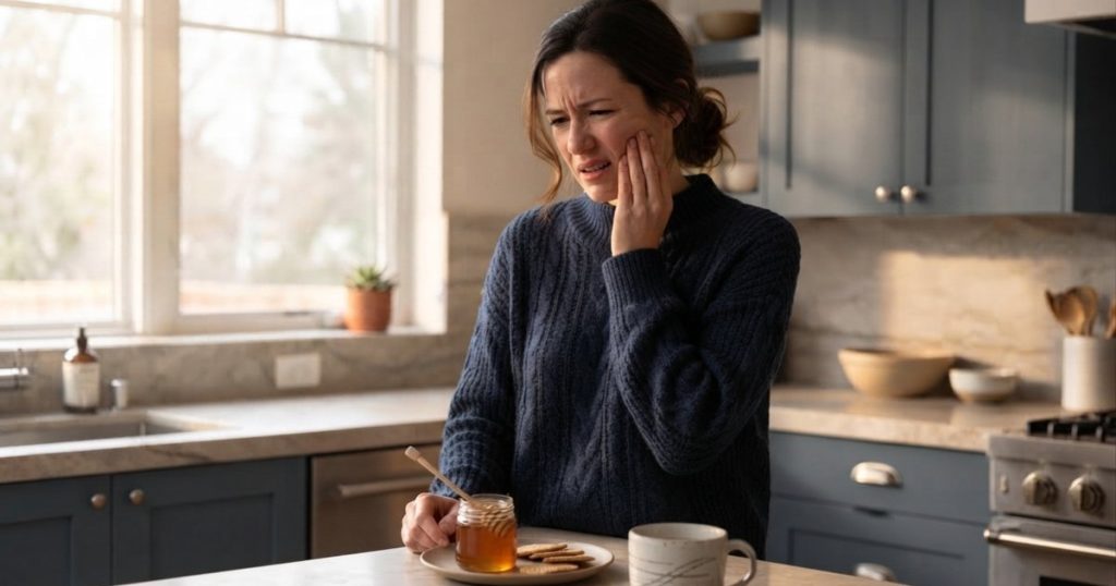 A woman in her kitchen experiencing sudden tooth sensitivity to sweets