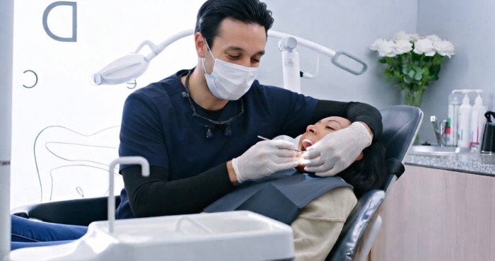 A male dentist examining a patient’s teeth to determine the cause of sudden tooth sensitivity to sweets