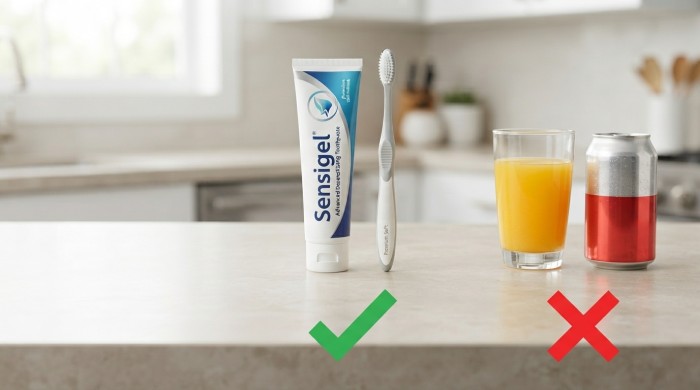 Desensitizing toothpaste and a soft-bristled toothbrush with check marks, alongside acidic and sugary drinks marked with Xs